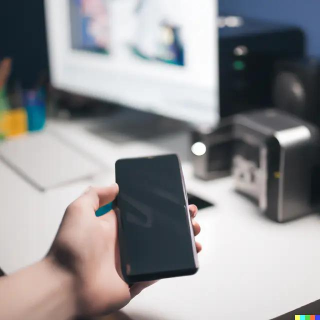 A hand holding a phone with a desktop PC in the background