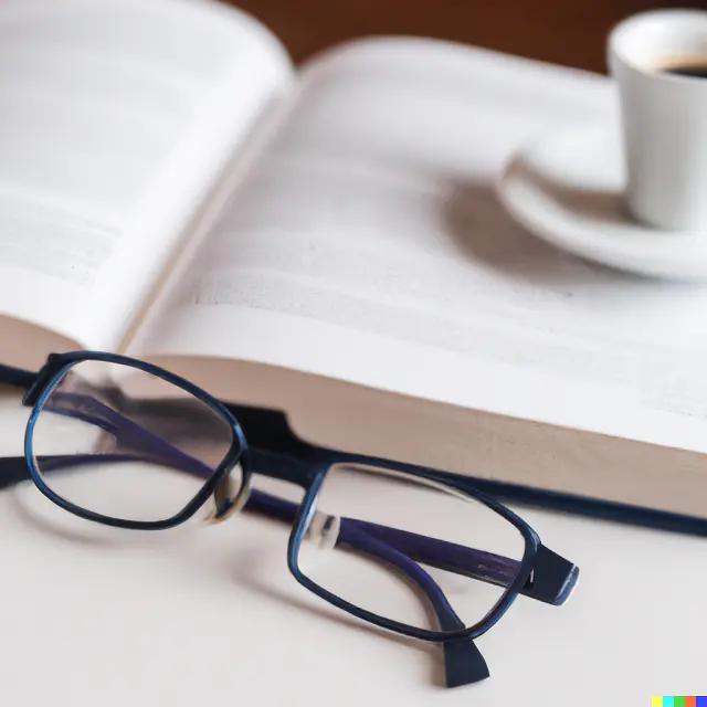 An open book with a cup of coffee and a pair of reading glasses